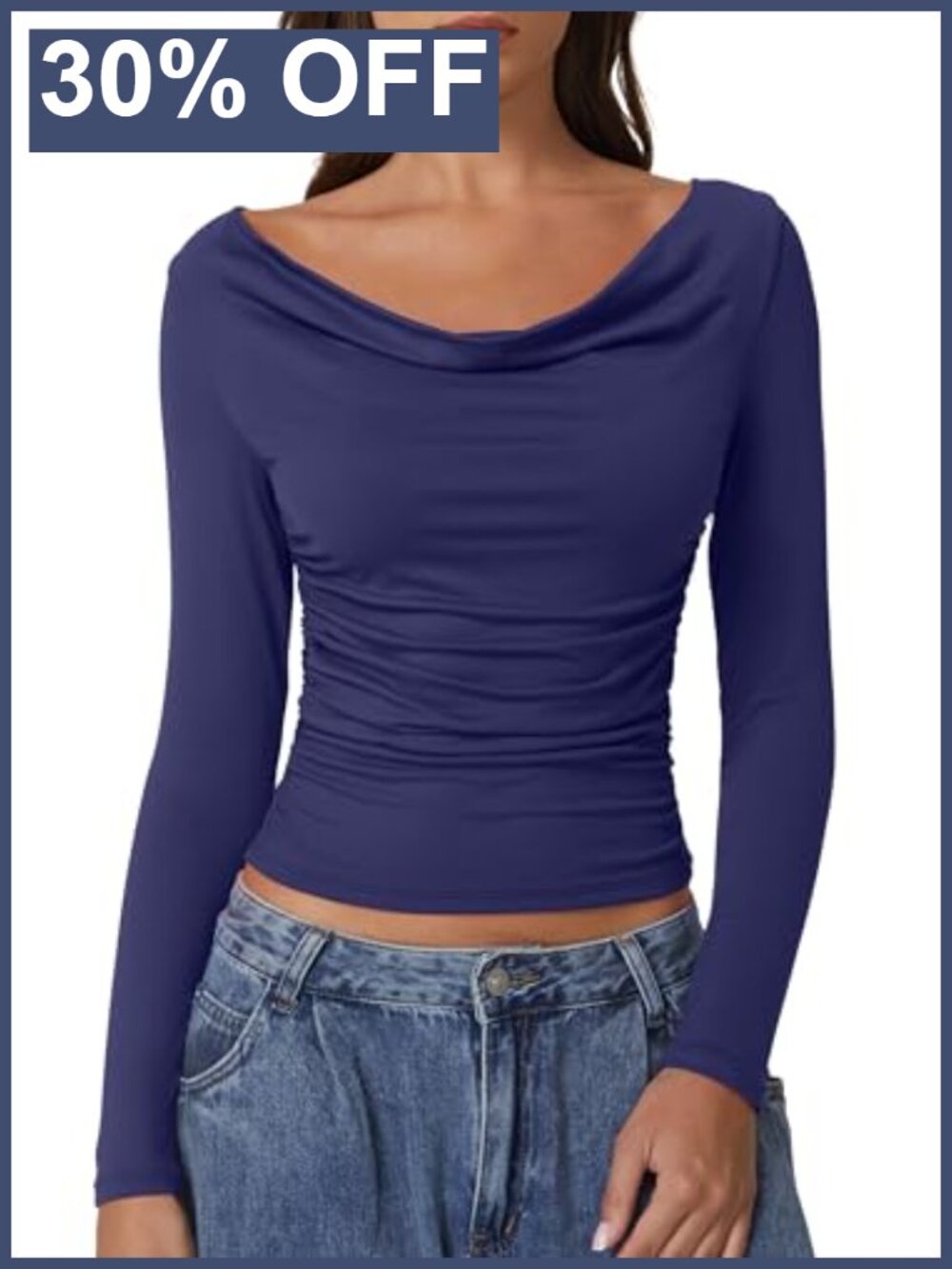 Women Cowl Neck Long Sleeve Crop Top Double Lined Slim Fitted Tee
